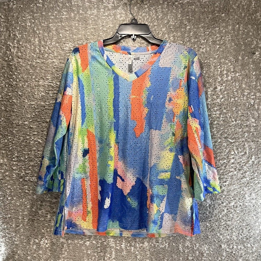 Ethyl Colorful Artsy 3/4 Sleeve Top Open Knit Vacation Festival Preppy M